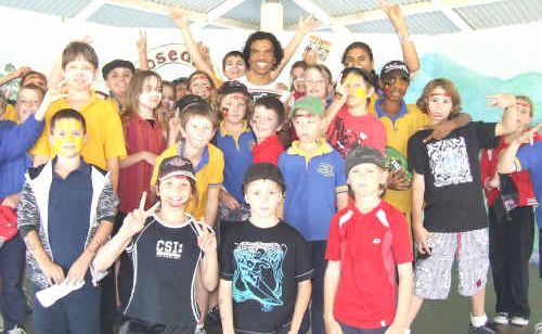 FUN DAY: International indigenous comedian Shaun Choolburra celebrating with students at Rosedale State School. FUN DAY: International indigenous comedian Shaun Choolburra celebrating with students at Rosedale State School.